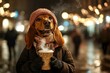 © A - Happy cute adult dog bloodhound in winter warm clothes, holding hot tea with rising steam in paws. Pet health. Sidesplitting pets. Funny dog photos. Pet winter warmers. Pet winter hats.
