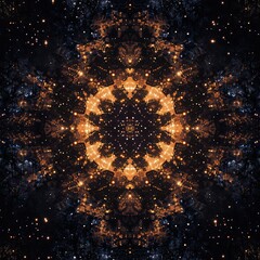 Wall Mural - abstract golden mandala in cosmic dark blue space with stars and galaxy dust.