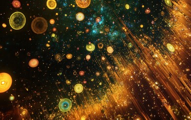 Wall Mural - abstract universe of glowing orbs and golden light streaks on dark background.