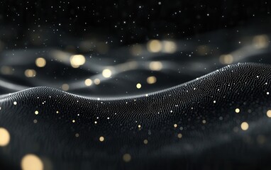 Wall Mural - abstract black and gold particle wave background with bokeh lights