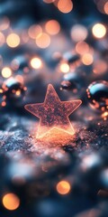 Wall Mural - glowing star ornament on textured surface with bokeh lights, festive holiday decoration