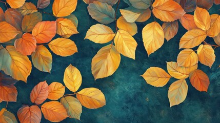 Poster - Autumn leaves on teal background.