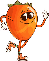 Sticker - Groovy tropical persimmon fruit character. Isolated cartoon vector ripe fruit personage wearing sneakers, exudes cheerful, retro, funky vibe with a big, cheeky smile, orange sneakers and disco moves