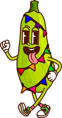 Wall Mural - Groovy cartoon zucchini vegetable character on holiday party. Child birthday celebration ripe veggie cartoon isolated groovy vector funny mascot, fresh vegetable cheerful personage wearing garland