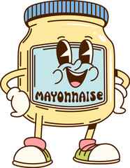Leinwandbilder - Cartoon groovy mayonnaise sauce character in glass jar with funny face, vector comic emoji. Groovy mayonnaise sauce character with happy smile or laughing for fast food sauce in retro cartoon