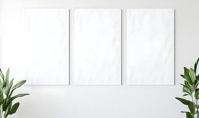 Fototapete - Three blank frames on a wall with green plants, perfect for showcasing art or photos.