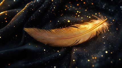 Wall Mural - ethereal golden feather on sparkling black fabric - luxury, dreamy still life.