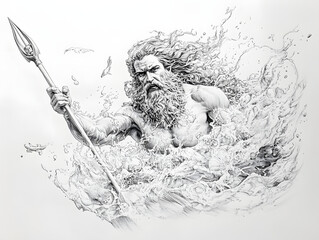 Wall Mural - Pencil sketch of Poseidon - God of the sea, rivers, floods, droughts, and earthquakes