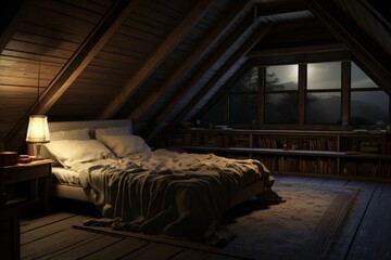 Sticker - Cozy bedroom in the sloped roof architecture furniture building.