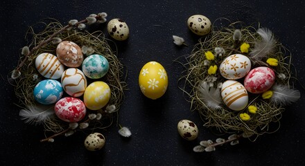 Overhead view of artistically arranged Easter eggs and decorative spring elements under a shimmering night sky, with the gentle light of a full moon casting dreamy shadows, free of human presence