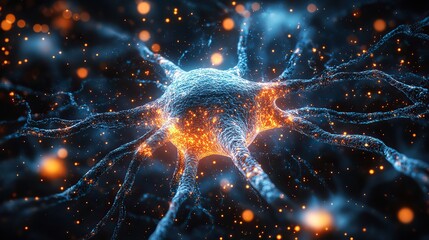 Aufkleber - 3d rendering of neuron cell with glowing particles computer generated abstract background