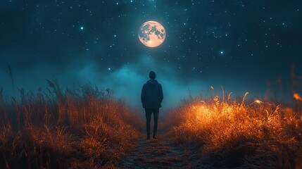 Poster - alone on the moonlit path man looking at the night sky walking a path