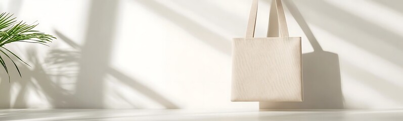 Poster - Tote bag placed on a light surface with soft shadows and greenery in a bright, minimalistic setting.