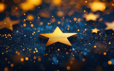 Wall Mural - golden star on sparkling dark blue background with bokeh lights, festive and magical.
