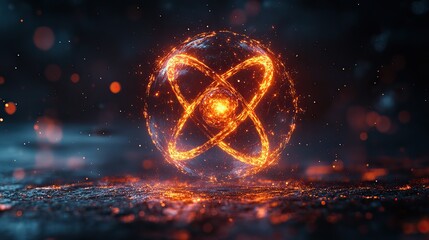 Leinwandbilder - atom with vibrant orange pathways circling a central nucleus depicted on a dark backdrop