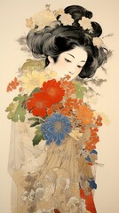 Canvas Print - Traditional japanese wood block print illustration of woman holding flower bouquet portrait painting adult.