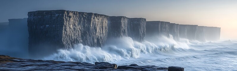 Poster - Misty seascape with rocky cliffs and crashing waves under a soft blue light.