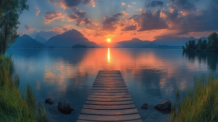 Poster - beautiful sunset over the lake panorama