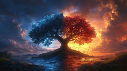 Leinwandbilder - bible old testament creation genesis the tree of life and the the tree of knowledge of good and evil under dramatic sky digital illustration