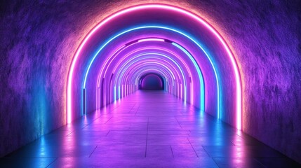 Wall Mural - Neon tunnel with vibrant purple, pink, and blue arches.