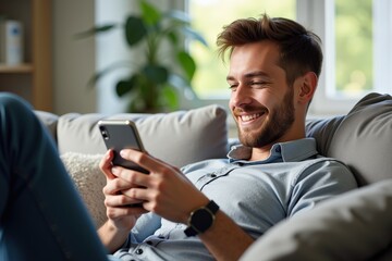 A young Caucasian male in a casual light blue shirt, relaxed on a couch, happily engaging with his smartphone in a well-lit modern living room environment.