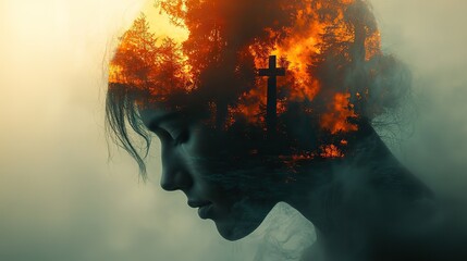 Poster - christianity concept silhouette of a man with a cross on his head double exposure vintage poster style photography