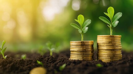 Growth of Investment Concept with Coins and Green Plant Sprouts