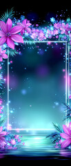 Wall Mural - frame with purple flowers and a blue background. the frame is illuminated and the flowers are glowin