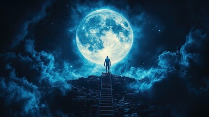 Aufkleber - conceptual image of a man climbing a ladder toward a full moon