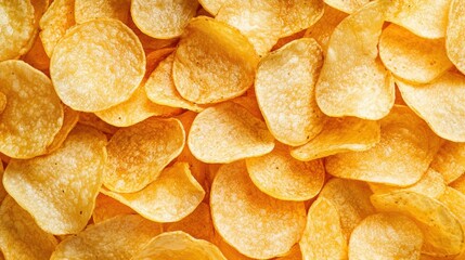 Wall Mural - Crispy Golden Potato Chips Spread on a Bright Yellow Background