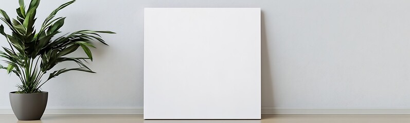 Poster - Blank canvas on a minimalistic wall with a potted plant nearby for a serene ambiance.