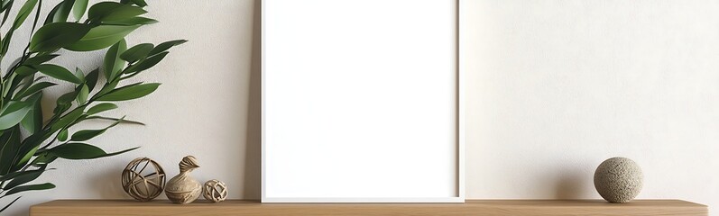 Poster - Blank canvas on a wooden table with decorative elements and greenery in a minimalist setting.