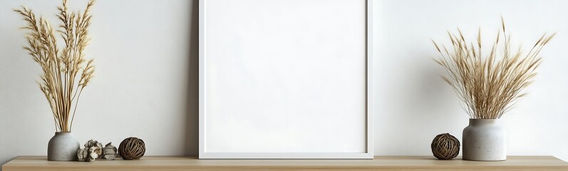Poster - Minimalist interior featuring a blank frame and decorative vases on a wooden table.