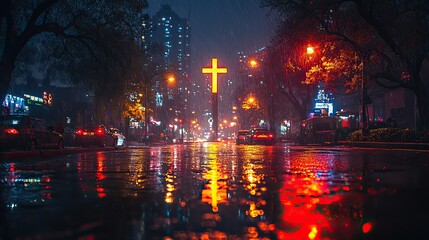 Poster - cross in the city during a rainy night