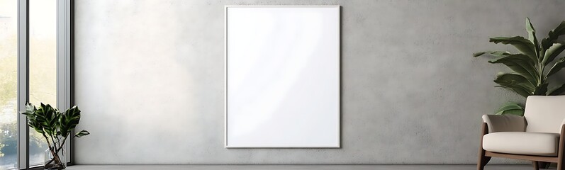 Poster - Modern interior featuring a blank frame on a textured wall with natural light and greenery.