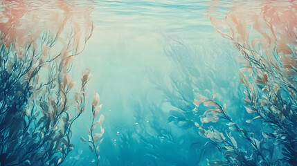 Wall Mural - underwater lagoon texture with soft pastel blues and gentle floating seaweed in the background