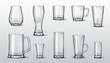 © ApoevArt - Realistic 3D illustration of a set of various transparent glass cups and mugs in different shapes and sizes. Perfect for beverage-related design, advertising, and product mockups.