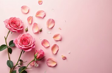 Fototapete - Top view photo of pink roses, buds and petals on light pink background. Romantic floral layout for mothers day greeting card, valentines day celebration. Love theme flat lay with flowers.
