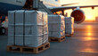 © Vadym - Cargo pallets wrapped in plastic for air freight loading. Cargoes on wooden pallets ready for air shipping, sit on tarmac near plane at sunset. Logistics business.