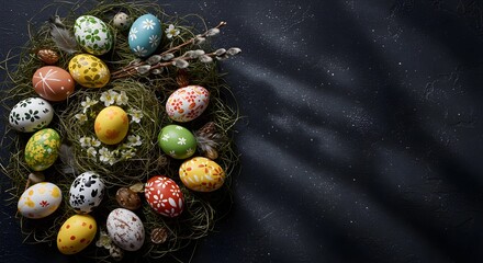 Overhead view of artistically arranged Easter eggs and decorative spring elements under a shimmering night sky, with the gentle light of a full moon casting dreamy shadows, free of human presence