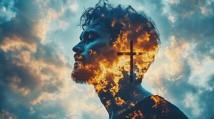 Leinwandbilder - double exposure of man face and cross on sky background christian concept vintage poster style photography