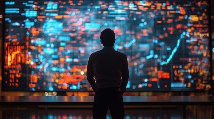 A professional standing before a giant digital screen showing interconnected markets