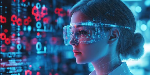 Woman wearing futuristic glasses looking at digital data screen