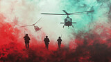 Abstract artistic depiction of the Vietnam War, swirling red and green shades, silhouettes of soldiers and helicopters