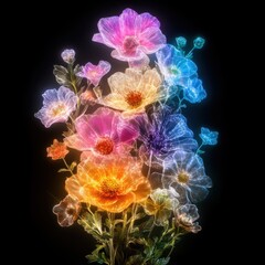 Poster - Glowing ethereal and mystical fantasy floral blooms in vibrant luminous and colorful digital art Abstract and surreal nature inspired background with lighting effects and digital design elements