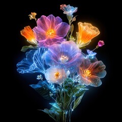 Poster - Captivating digital artwork depicting a surreal ethereal bouquet of glowing vibrant and colorful fantastical flowers  This mesmerizing and imaginative floral design creates a dreamlike