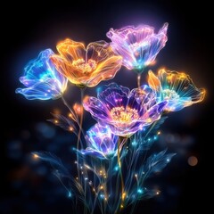 Poster - Mesmerizing abstract digital art featuring vibrant glowing neon flowers in a surreal fantasy like environment  The image showcases a stunning display of colorful