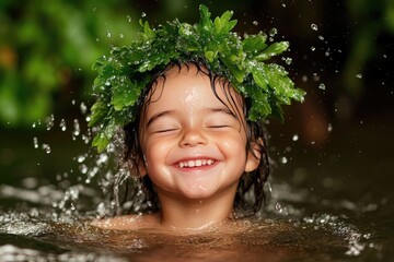 Joyful Child with Leafy Crown Enjoys Nature in Refreshing Water Splash