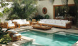 © Sekai - Luxurious poolside lounge area featuring teak furniture and a serene setting for relaxation and outdoor living
