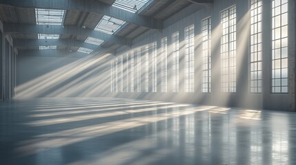 Poster - interior of empty white warehouse with cross in the rays of the sun